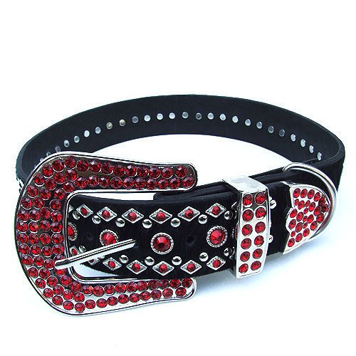 Designer Ruby Red Swarovski Crystal Dog Collar Leather S-XL