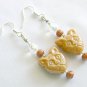 Cat face light brown tan pressed glass bead earrings