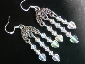 Heart Clear AB iridescent crystal bead chandelier earrings