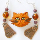 Orange ginger cat Pin brown bead tabby charm Earrings Neclace Set