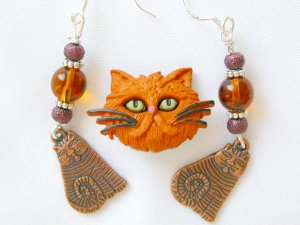 Orange ginger cat Pin brown bead tabby charm Earrings Neclace Set