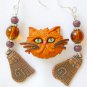 Orange ginger cat Pin brown bead tabby charm Earrings Neclace Set