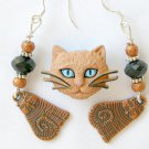 Siamese Pin brass tabby cat brown bead charm Earrings Necklace Set Siamese Pin brass tabby cat brown bead charm Earrings Necklace Set