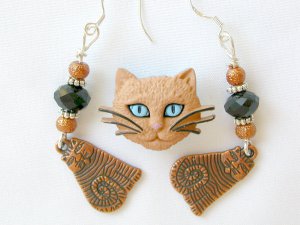 Siamese Pin brass tabby cat brown bead charm Earrings Necklace Set