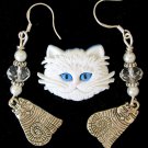 White Persian Pin tabby cat charm crystal bead Earrings Necklace Set White Persian Pin tabby cat charm crystal bead Earrings Necklace Set