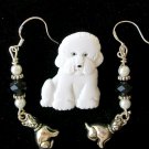 White Bichon pin black bead dog charm Earrings charm Necklace Set White Bichon pin black bead dog charm Earrings charm Necklace Set