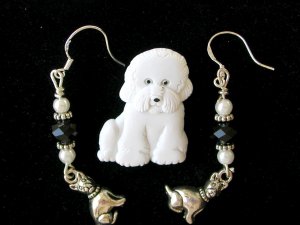 White Bichon pin black bead dog charm Earrings charm Necklace Set