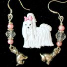 White Shih Tzu pin pink bead dog charm earrings paw Necklace Set
