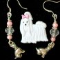White Shih Tzu pin pink bead dog charm earrings paw Necklace Set
