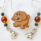 Brown sad eyed dog Pin brown bead dog charm Earrings paw Necklace Set Brown sad eyed dog Pin brown bead dog charm Earrings paw Necklace Set