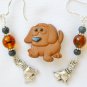 Brown sad eyed dog Pin brown bead dog charm Earrings paw Necklace Set