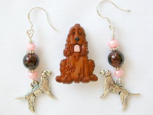 Cocker Spaniel Pin brown pink bead dog charm Earrings paw Necklace Set