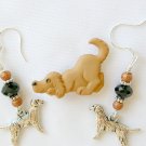 Brown puppy Pin dog charm black bead Earrings paw Necklace Set