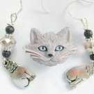 Grey cat Pin smoky crystal bead charm Earrings Necklace Set
