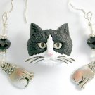 Tuxedo cat Pin black crystal bead charm Earrings Necklace Set Tuxedo cat Pin black crystal bead charm Earrings Necklace Set