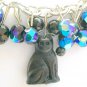 Black Czech cat bead angel paw aqua AB crystal charm bracelet