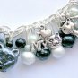 Cat silver grey and black pressed glass bead  charm bracelet