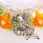 Fairy four leaf clover green orange trumpet flower charm bracelet