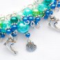 Dolphin seashell ocean blue aqua pearl bead charm bracelet