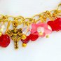 Fairy red pink flower Czech bead butterfly gold charm bracelet