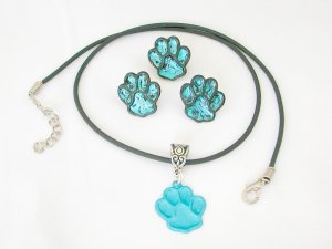 Aqua blue paw print charm Pin Earrings Pendant Set