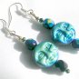 Iridescent black aqua AB Czech glass full moon face bead earrings