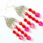 Fuchsia pink heart red crystal bead chandelier earrings