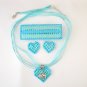 Aqua Pink cat charm Plastic Canvas heart pendant earrings barrette set