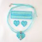 Aqua Blue dog charm Plastic Canvas heart pendant earrings bow barrette set