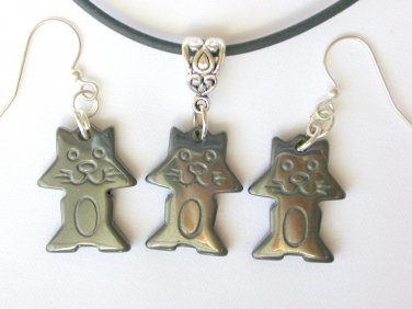 Hematite Cat natural stone crey pendant Necklace Earrings Set