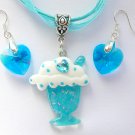 Ice Cream Sundae aqua blue Necklace crystal AB iridescent heart Earrings Set Ice Cream Sundae aqua blue Necklace crystal AB iridescent heart Earrings Set