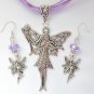 Fairy Holding a Wand charm pendant organza purple Necklace crystal Earrings Set