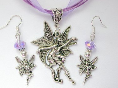 Fairy Dancing charm pendant purple organza Necklace crystal Earrings Set