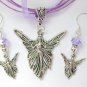 Angel charm pendant purple organza ribbon Necklace crystal Earrings Set