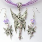 Fairy Posing Pretty charm pendant organza purple Necklace crystal earrings Set