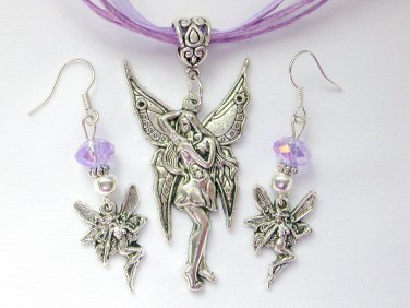 Fairy Posing Pretty charm pendant organza purple Necklace crystal earrings Set