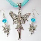 Fairy with a Wand charm pendant aqua blue organza Necklace crystal Earrings Set Fairy with a Wand charm pendant aqua blue organza Necklace crystal Earrings Set