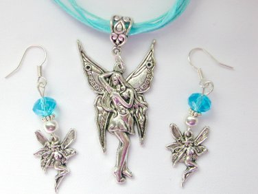 Fairy Posing charm pendant aqua organza Necklace crystal Earrings Set