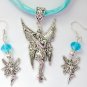 Fairy Posing charm pendant aqua organza Necklace crystal Earrings Set