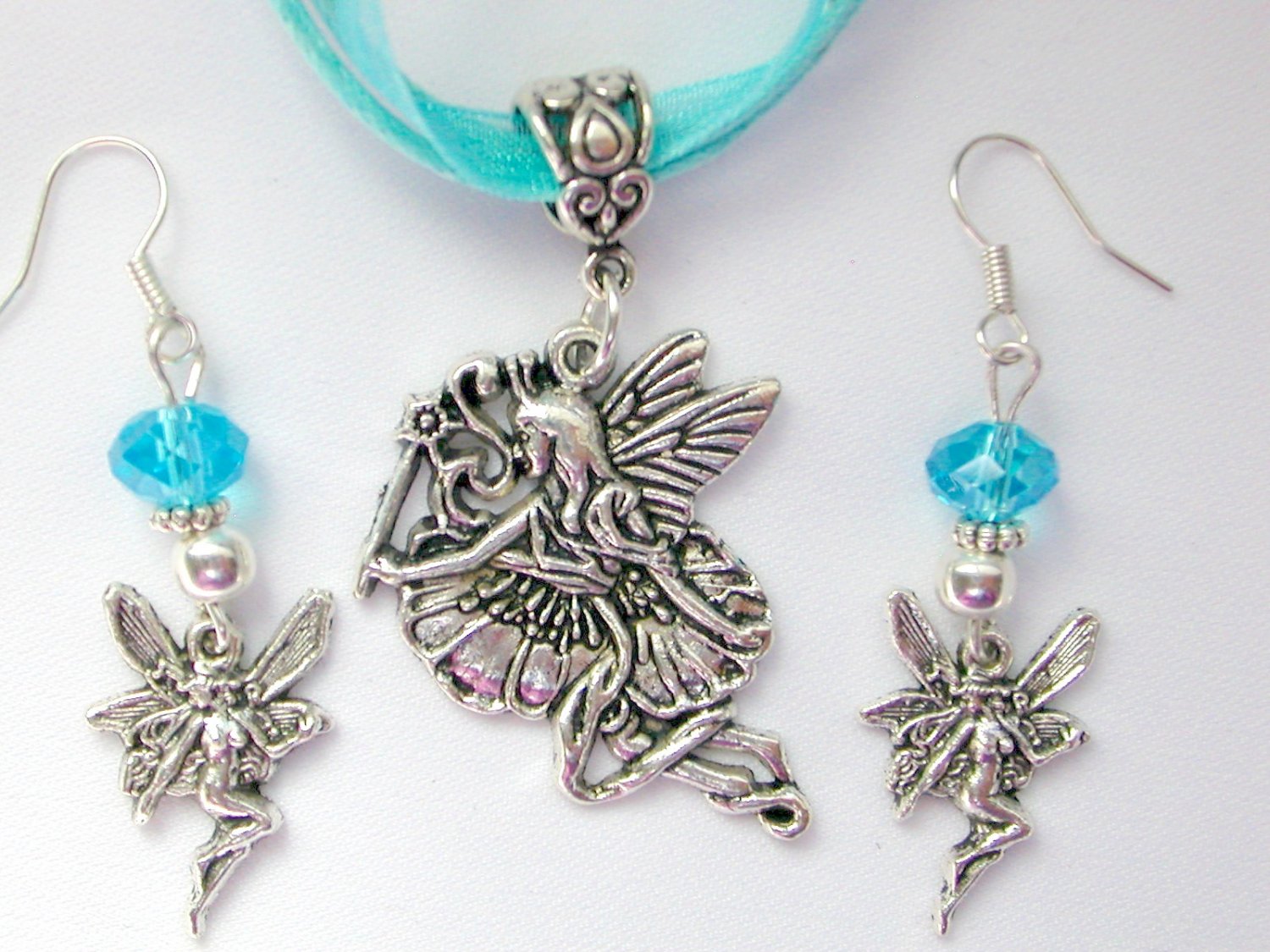 Fairy Flying Charm Pendant Organza Aqua Necklace and Crystal Earrings