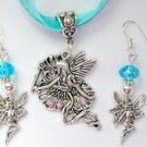 Fairy Flying charm pendant organza aqua blue Necklace crystal Earrings Set Fairy Flying charm pendant organza aqua blue Necklace crystal Earrings Set