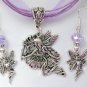 Fairy in Flight charm pendant purple organza Necklace crystal Earrings Set