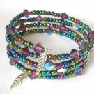 AB iridescent rainbow purple bead memory wire wrap bracelet earrings set