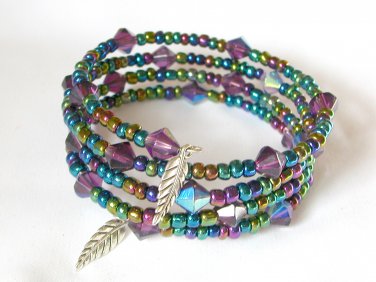 AB iridescent rainbow purple bead memory wire wrap bracelet earrings set