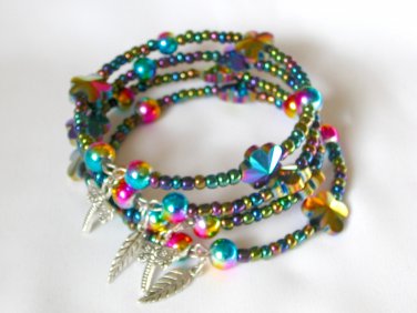 Rainbow AB blue pink flower glass bead charm bangle bracelet earrings set