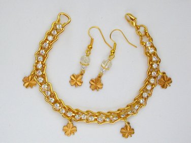 Four leaf clover charm gold rhinestone tennis Bracelet Earrings Set