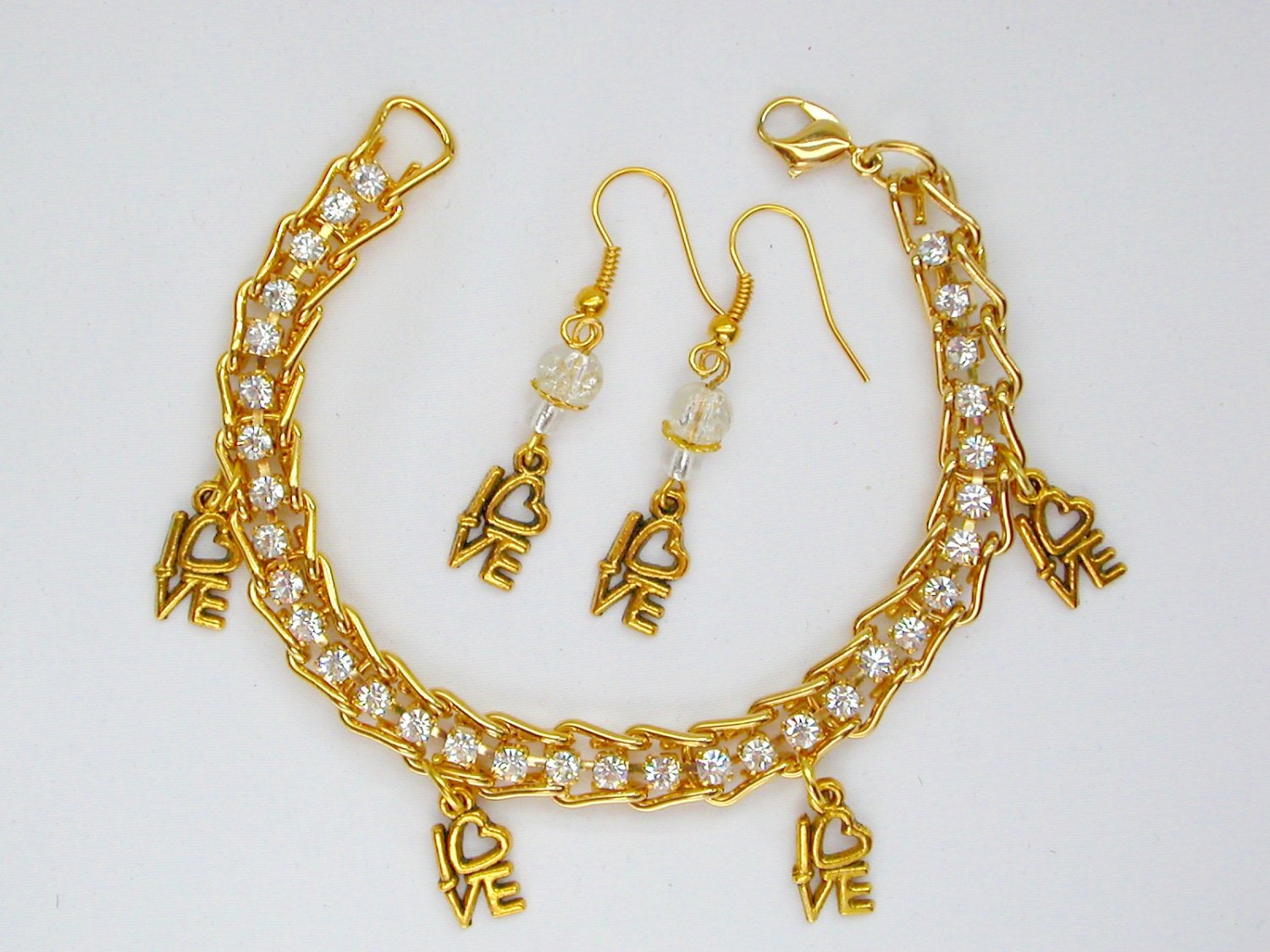 Love charm rhinestone gold tennis Bracelet Earrings Set