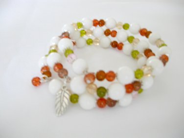 Fall brown green crackle bead leaf charm bangle bracelet earrings set