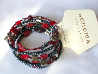Sonoma genuine shell bead navy blue red 5 row memory wire bracelet NWT