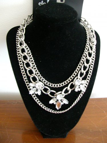 etc! silver clear rhinestone large chain 3 strand biker necklace NWT